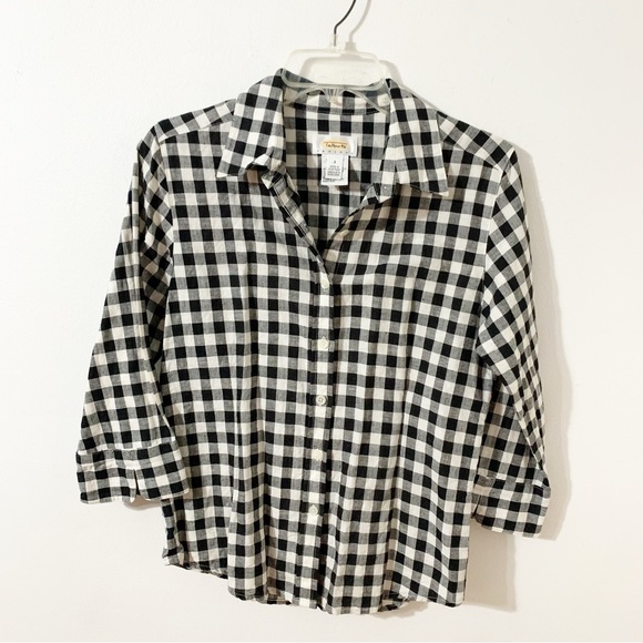 Talbots Linen Blend Button Up Buffalo Checked Pointed Collared Shirt 3/4 Sleeves - Picture 1 of 9